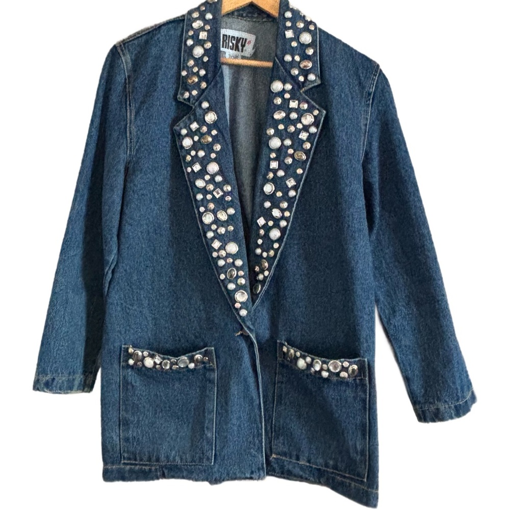 80’s Retro Vintage Jewel Studded Risky Brand One Button Jean Blazer Women’s Sz M